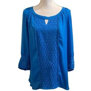 Womens Plus size top 1X Floral Keyhole Blouse Blue Valerie Stevens